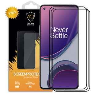 3-Pack OnePlus 8T screenprotectors, MobyDefend gehard glas screensavers, Zwarte randen