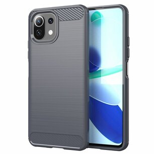 Xiaomi Mi 11 Lite Hoesje, MobyDefend TPU Gelcase, Geborsteld Metaal + Carbonlook, Grijs