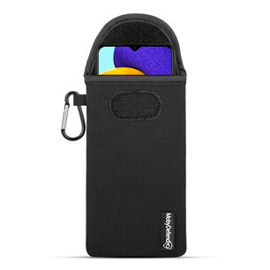 Hoesje voor Samsung Galaxy A03s, MobyDefend Neopreen Pouch Met Karabijnhaak, Insteekhoesje, Riemlus Hoesje, Zwart