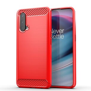 OnePlus Nord CE Hoesje, MobyDefend TPU Gelcase, Geborsteld Metaal + Carbonlook, Rood