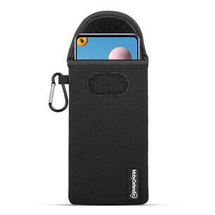 Hoesje voor Samsung Galaxy A21s, MobyDefend Neopreen Pouch Met Karabijnhaak, Insteekhoesje, Riemlus Hoesje, Zwart