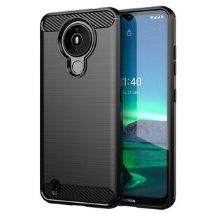Nokia 1.4 Hoesje, MobyDefend TPU Gelcase, Geborsteld Metaal + Carbonlook, Zwart