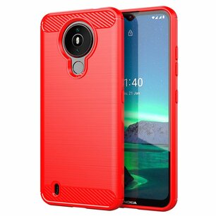 Nokia 1.4 Hoesje, MobyDefend TPU Gelcase, Geborsteld Metaal + Carbonlook, Rood