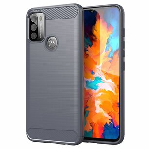 Motorola Moto G50 Hoesje, MobyDefend TPU Gelcase, Geborsteld Metaal + Carbonlook, Grijs