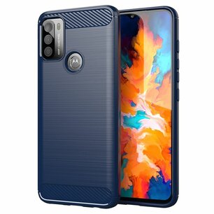 Motorola Moto G50 Hoesje, MobyDefend TPU Gelcase, Geborsteld Metaal + Carbonlook, Navy Blauw