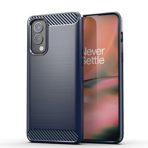 OnePlus Nord 2 Hoesje, MobyDefend TPU Gelcase, Geborsteld Metaal + Carbonlook, Navy Blauw