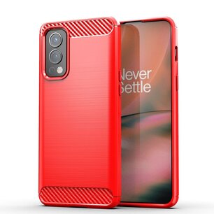 OnePlus Nord 2 Hoesje, MobyDefend TPU Gelcase, Geborsteld Metaal + Carbonlook, Rood