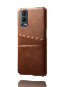 OnePlus Nord 2 Hoesje, MobyDefend Lederen Backcover Met Vakjes Voor Pasjes, Bruin