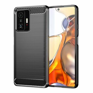 Xiaomi 11T / Xiaomi 11T Pro Hoesje, MobyDefend TPU Gelcase, Geborsteld Metaal + Carbonlook, Zwart