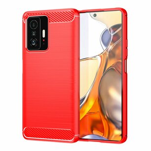 Xiaomi 11T / Xiaomi 11T Pro Hoesje, MobyDefend TPU Gelcase, Geborsteld Metaal + Carbonlook, Rood