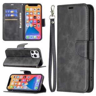 iPhone 13 Pro Hoesje, MobyDefend Wallet Book Case Met Koord, Zwart