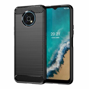 Nokia G50 Hoesje, MobyDefend TPU Gelcase, Geborsteld Metaal + Carbonlook, Zwart