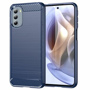Motorola Moto G31 / Moto G41 Hoesje, MobyDefend TPU Gelcase, Geborsteld Metaal + Carbonlook, Navy Blauw