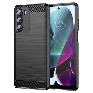 Motorola Moto G200 Hoesje, MobyDefend TPU Gelcase, Geborsteld Metaal + Carbonlook, Zwart