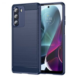 Motorola Moto G200 Hoesje, MobyDefend TPU Gelcase, Geborsteld Metaal + Carbonlook, Navy Blauw