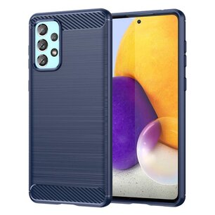 Samsung Galaxy A73 Hoesje, MobyDefend TPU Gelcase, Geborsteld Metaal + Carbonlook, Navy Blauw