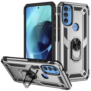 Motorola Moto G71 Hoesje, MobyDefend Pantsercase Met Draaibare Ring, Zilvergrijs