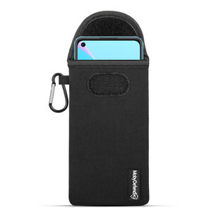 Hoesje voor Oppo A76 / Oppo A96, MobyDefend Neopreen Pouch Met Karabijnhaak, Insteekhoesje, Riemlus Hoesje, Zwart