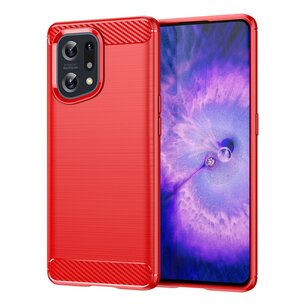 Oppo Find X5 Hoesje, MobyDefend TPU Gelcase, Geborsteld Metaal + Carbonlook, Rood