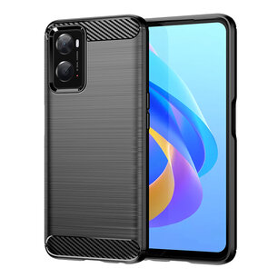 Oppo A76 / Oppo A96 Hoesje, MobyDefend TPU Gelcase, Geborsteld Metaal + Carbonlook, Zwart