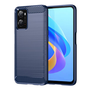 Oppo A76 / Oppo A96 Hoesje, MobyDefend TPU Gelcase, Geborsteld Metaal + Carbonlook, Navy Blauw