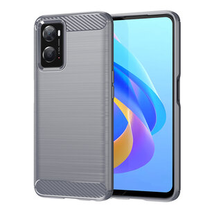 Oppo A76 / Oppo A96 Hoesje, MobyDefend TPU Gelcase, Geborsteld Metaal + Carbonlook, Grijs