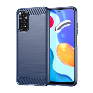 Xiaomi Redmi Note 11 / Note 11S Hoesje - MobyDefend TPU Backcover - Geborstelde Metaal & Carbon-Look - Navy Blauw