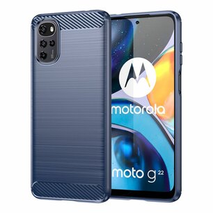 Motorola Moto E32 / E32S Hoesje, MobyDefend TPU Gelcase, Geborsteld Metaal + Carbonlook, Navy Blauw