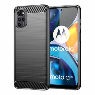 Motorola Moto G22 Hoesje, MobyDefend TPU Gelcase, Geborsteld Metaal + Carbonlook, Zwart