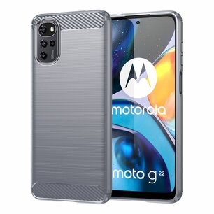 Motorola Moto G22 Hoesje, MobyDefend TPU Gelcase, Geborsteld Metaal + Carbonlook, Grijs