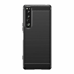 Sony Xperia 1 IV Hoesje, MobyDefend TPU Gelcase, Geborsteld Metaal + Carbonlook, Zwart