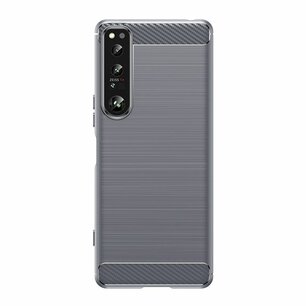 Sony Xperia 1 IV Hoesje, MobyDefend TPU Gelcase, Geborsteld Metaal + Carbonlook, Grijs