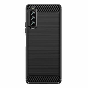 Sony Xperia 10 IV Hoesje, MobyDefend TPU Gelcase, Geborsteld Metaal + Carbonlook, Zwart