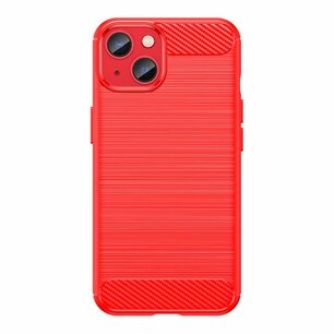 iPhone 14 Hoesje, MobyDefend TPU Gelcase, Geborsteld Metaal + Carbonlook, Rood