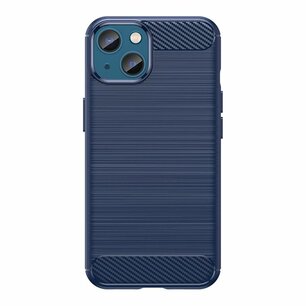 iPhone 14 Plus Hoesje, MobyDefend TPU Gelcase, Geborsteld Metaal + Carbonlook, Navy Blauw