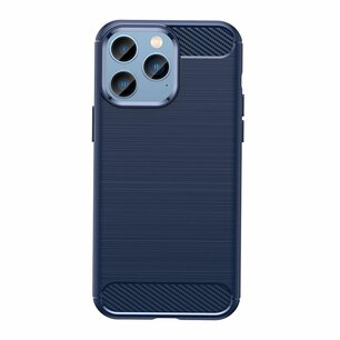 iPhone 14 Pro Hoesje, MobyDefend TPU Gelcase, Geborsteld Metaal + Carbonlook, Navy Blauw