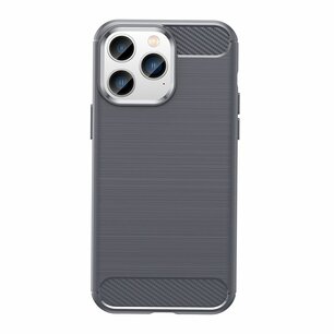 iPhone 14 Pro Hoesje, MobyDefend TPU Gelcase, Geborsteld Metaal + Carbonlook, Grijs