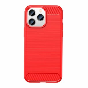 iPhone 14 Pro Hoesje, MobyDefend TPU Gelcase, Geborsteld Metaal + Carbonlook, Rood