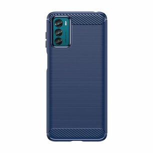 Motorola Moto G42 Hoesje, MobyDefend TPU Gelcase, Geborsteld Metaal + Carbonlook, Navy Blauw