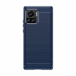 Motorola Edge 30 Ultra Hoesje, MobyDefend TPU Gelcase, Geborsteld Metaal + Carbonlook, Blauw