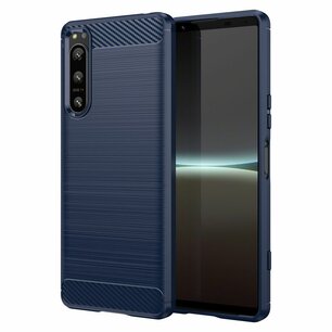 Sony Xperia 5 IV Hoesje, MobyDefend TPU Gelcase, Geborsteld Metaal + Carbonlook, Blauw
