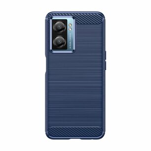 Oppo A57 / A57s / A77 Hoesje, MobyDefend TPU Gelcase, Geborsteld Metaal + Carbonlook, Blauw