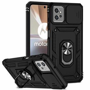 Motorola Moto G32 Hoesje, MobyDefend Pantsercase Met Draaibare Ring, Zwart