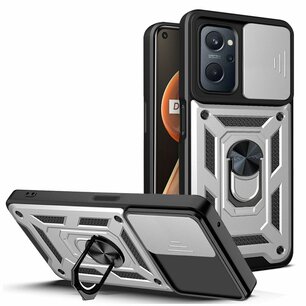 Oppo A17 Hoesje - MobyDefend Pantsercase Met Draaibare Ring - Zilvergrijs