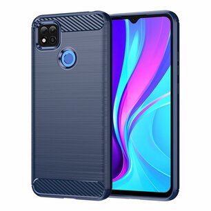 Xiaomi Redmi 10A Hoesje - MobyDefend TPU Backcover - Geborstelde Metaal & Carbon-Look - Blauw