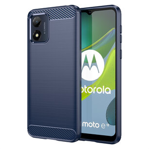 Motorola Moto E13 Hoesje, MobyDefend TPU Gelcase, Geborsteld Metaal + Carbonlook, Blauw