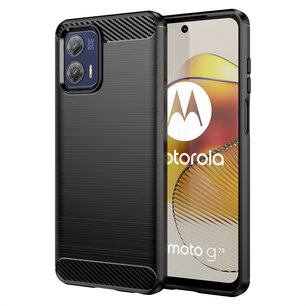 Motorola Moto G73 Hoesje, MobyDefend TPU Gelcase, Geborsteld Metaal + Carbonlook, Zwart