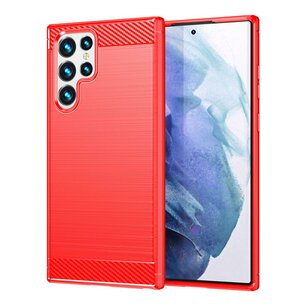 Samsung Galaxy S23 Ultra Hoesje, MobyDefend TPU Gelcase, Geborsteld Metaal + Carbonlook, Rood