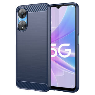 Oppo A78 Hoesje, MobyDefend TPU Gelcase, Geborsteld Metaal + Carbonlook, Blauw