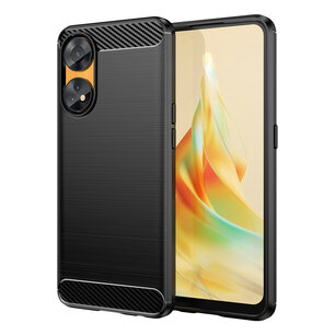 Oppo Reno8 T Hoesje, MobyDefend TPU Gelcase, Geborsteld Metaal + Carbonlook, Zwart